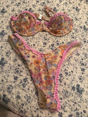 Blackbough Cream Floral Underwire Bikini with Pink Ruffle Trim